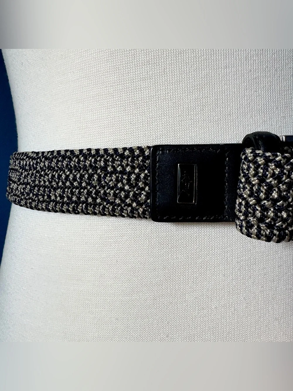 Greg Norman Blue Grey Stretch Belt 34 Black Leather Silver Buckle Logo Golf